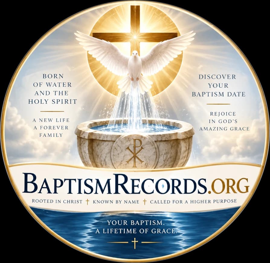 Baptism Records.org — a dove descending in light over a baptismal font beneath a radiant cross